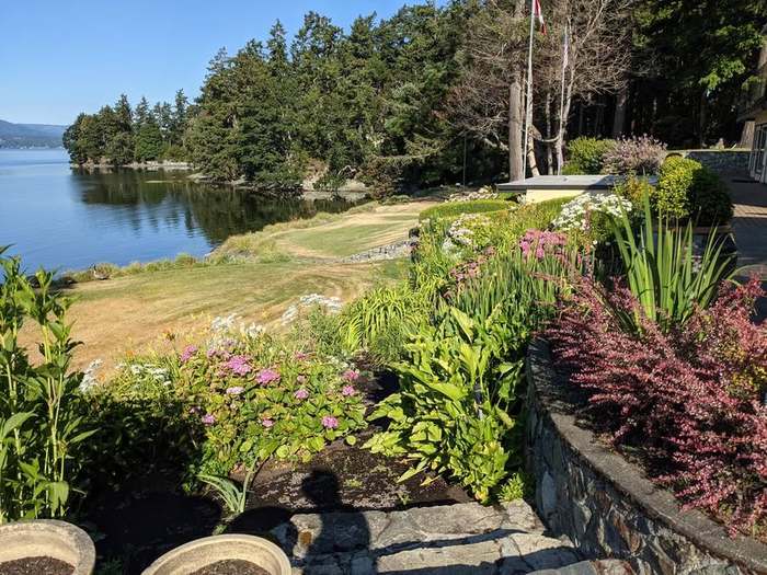 waterfront  estate stone wall garden waterfront